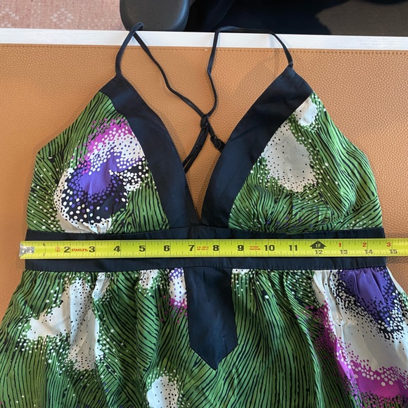 Single Dress Abstract Print Fun Strappy Dress in Green & Black 100% Silk Small - Picture 9 of 13